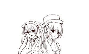 Rating: Safe Score: 0 Tags: 2girls animal_ears cat_ears hat long_hair looking_at_viewer monochrome multiple_girls open_mouth siblings simple_background sisters smile twins twintails white_background User: admin