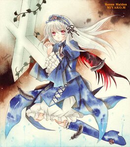 Rating: Safe Score: 0 Tags: 1girl black_wings dress feathers frilled_sleeves frills full_body hairband image long_hair long_sleeves looking_at_viewer red_eyes ribbon silver_hair solo suigintou wings User: admin