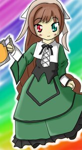 Rating: Safe Score: 0 Tags: 1girl blush brown_hair closed_mouth dress eyebrows_visible_through_hair frills green_dress green_eyes head_scarf heterochromia image long_hair long_sleeves looking_at_viewer red_eyes smile solo standing suiseiseki very_long_hair watering_can User: admin