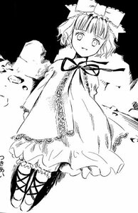 Rating: Safe Score: 0 Tags: 1girl bloomers bow dress greyscale hinaichigo image looking_at_viewer monochrome ribbon short_hair smile solo User: admin
