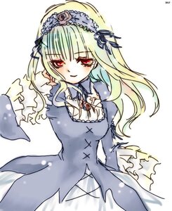 Rating: Safe Score: 0 Tags: 1girl blonde_hair dress flower frills green_hair hairband image lolita_hairband long_hair long_sleeves looking_at_viewer red_eyes simple_background smile solo suigintou white_background User: admin