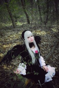 Rating: Safe Score: 0 Tags: 1girl bangs dress flower frills gothic_lolita hairband lips lolita_fashion long_hair long_sleeves plant red_eyes rose solo suigintou vines white_hair User: admin