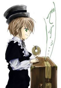 Rating: Safe Score: 0 Tags: 1girl black_dress brown_hair dress eighth_note green_eyes hat holding image instrument long_sleeves musical_note profile short_hair simple_background smile solo souseiseki top_hat white_background User: admin