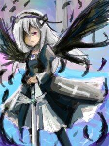 Rating: Safe Score: 0 Tags: 1girl black_feathers black_wings dress feathered_wings feathers flower frills hairband image long_hair long_sleeves looking_at_viewer pink_eyes puffy_sleeves silver_hair solo suigintou water weapon wings User: admin