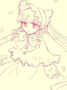Rating: Safe Score: 0 Tags: 1girl capelet dress flower frills image long_hair looking_at_viewer monochrome petals rose shinku simple_background solo yellow_background yellow_theme User: admin