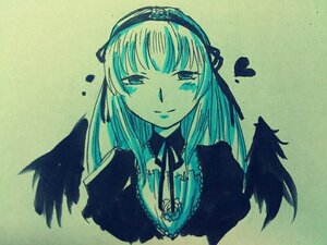 Rating: Safe Score: 0 Tags: 1girl bangs black_wings closed_mouth feathered_wings feathers frills green_background hairband heart image long_hair looking_at_viewer ribbon simple_background smile solo suigintou traditional_media upper_body wings User: admin