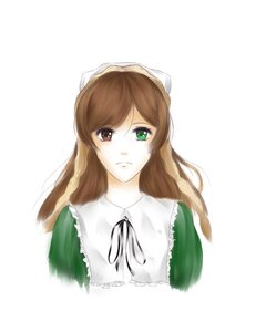 Rating: Safe Score: 0 Tags: 1girl bangs brown_hair closed_mouth dress frills green_eyes heterochromia image long_hair long_sleeves looking_at_viewer red_eyes ribbon simple_background solo striped suiseiseki white_background User: admin