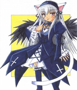 Rating: Safe Score: 3 Tags: 1girl animal_ears black_legwear blush cat_ears cat_tail dress frills image long_hair long_sleeves looking_at_viewer silver_hair solo suigintou tail traditional_media wings User: admin