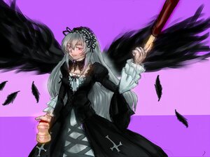 Rating: Safe Score: 0 Tags: 1girl black_dress black_wings dress feathered_wings feathers flower frills hairband image long_hair long_sleeves looking_at_viewer pink_eyes purple_background rose silver_hair solo suigintou wings User: admin