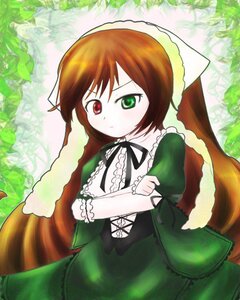 Rating: Safe Score: 0 Tags: 1girl black_ribbon blush brown_hair dress frills green_dress green_eyes heterochromia image long_hair long_sleeves looking_at_viewer red_eyes ribbon solo suiseiseki User: admin