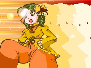 Rating: Safe Score: 0 Tags: 1girl ahoge bow green_eyes green_hair image kanaria long_sleeves one_eye_closed open_mouth orange_background smile solo User: admin