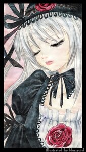 Rating: Safe Score: 0 Tags: 1girl black_border closed_eyes colored_pencil_(medium) flower image letterboxed lips long_hair marker_(medium) pink_rose red_flower red_rose ribbon rose silver_hair solo suigintou traditional_media upper_body User: admin