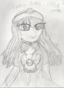 Rating: Safe Score: 0 Tags: 1girl dated dress graphite_(medium) greyscale image long_hair looking_at_viewer monochrome sketch smile solo suigintou sunglasses traditional_media User: admin