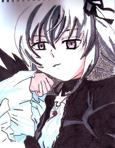 Rating: Safe Score: 0 Tags: 1girl bangs black_ribbon closed_mouth hair_ribbon image long_sleeves looking_at_viewer ribbon shirt solo suigintou traditional_media upper_body white_background User: admin