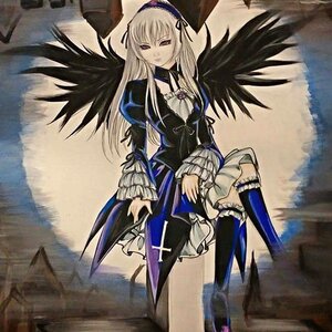 Rating: Safe Score: 0 Tags: 1girl black_wings detached_collar dress frills hairband image long_hair long_sleeves looking_at_viewer puffy_sleeves ribbon rose silver_hair solo standing suigintou thighhighs traditional_media wings User: admin