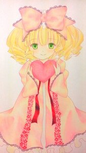 Rating: Safe Score: 0 Tags: 1girl blonde_hair bow dress drill_hair frills green_eyes hair_bow heart hina_ichigo hinaichigo image marker_(medium) pink_bow smile solo traditional_media User: admin