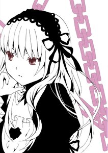 Rating: Safe Score: 0 Tags: 1girl bangs chain closed_mouth dress eyebrows_visible_through_hair hair_ribbon hairband image long_hair long_sleeves looking_at_viewer monochrome ribbon simple_background solo suigintou upper_body white_background User: admin