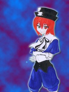Rating: Safe Score: 0 Tags: 1girl auto_tagged blue_background capelet closed_mouth cowboy_shot crossed_arms hat heterochromia image long_sleeves looking_at_viewer red_eyes red_hair ribbon short_hair solo souseiseki User: admin