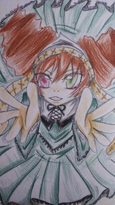 Rating: Safe Score: 0 Tags: 1girl dress frills gothic_lolita green_eyes hairband heterochromia image long_sleeves looking_at_viewer marker_(medium) open_mouth red_eyes smile solo suiseiseki traditional_media User: admin