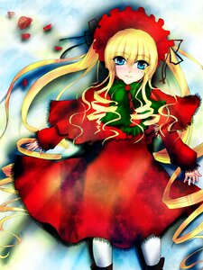 Rating: Safe Score: 0 Tags: 1girl blonde_hair blue_eyes blush bonnet bow bowtie dress flower green_bow green_neckwear image long_hair long_sleeves looking_at_viewer petals red_dress rose shinku shoes solo twintails User: admin