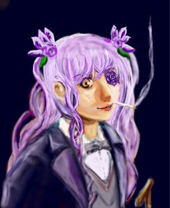 Rating: Safe Score: 0 Tags: 1girl barasuishou blurry depth_of_field flower hair_ornament image jacket lips long_hair looking_at_viewer purple_hair rose solo upper_body User: admin