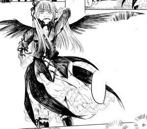 Rating: Safe Score: 0 Tags: 1girl black_wings dress feathered_wings feathers flower greyscale image long_hair long_sleeves looking_at_viewer monochrome rose solo suigintou wings User: admin