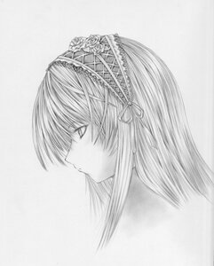 Rating: Safe Score: 0 Tags: 1girl bangs face greyscale hair_ribbon hairband image long_hair monochrome profile ribbon simple_background solo suigintou User: admin