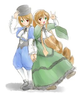 Rating: Safe Score: 0 Tags: 2girls :d \m/ blonde_hair blue_dress blush brown_hair commentary_request dress drill_hair frills ginjyasei green_dress green_eyes hat head_scarf heterochromia holding_hands image interlocked_fingers long_hair long_sleeves looking_at_viewer multiple_girls open_mouth pair pantyhose red_eyes rozen_maiden short_hair siblings sisters smile souseiseki suiseiseki twins very_long_hair white_background white_legwear User: admin