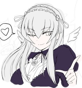 Rating: Safe Score: 0 Tags: 1girl blush closed_mouth dress flower greyscale hairband heart image long_hair long_sleeves monochrome ribbon rose smile solo spoken_heart suigintou upper_body wings User: admin