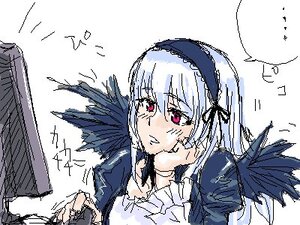 Rating: Safe Score: 0 Tags: ... 1girl arm_support artist_request bangs blush bored computer dress eyebrows_visible_through_hair feathers frills hairband hand_on_own_cheek image juliet_sleeves lolita_hairband long_hair long_sleeves lowres musical_note pink_eyes puffy_sleeves rozen_maiden silver_hair simple_background solo speech_bubble spoken_ellipsis suigintou upper_body white_background wings User: admin