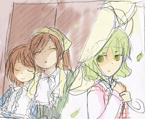 Rating: Safe Score: 0 Tags: 3girls brown_hair closed_eyes dress green_eyes holding_umbrella image multiple_girls pair rain shared_umbrella short_hair siblings souseiseki suiseiseki umbrella User: admin