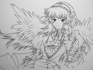 Rating: Safe Score: 0 Tags: 1girl angel_wings auto_tagged blush detached_collar dress feathered_wings frills greyscale hairband image long_hair long_sleeves looking_at_viewer monochrome ribbon solo suigintou traditional_media wings User: admin