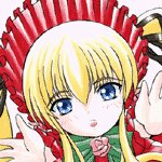 Rating: Safe Score: 0 Tags: 1girl blonde_hair blue_eyes bow frills image long_hair open_mouth shinku simple_background solo User: admin