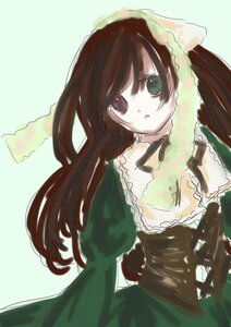 Rating: Safe Score: 0 Tags: 1girl :o bangs brown_hair dress frills green_background green_dress green_eyes heterochromia image long_hair long_sleeves looking_at_viewer simple_background solo suiseiseki very_long_hair User: admin