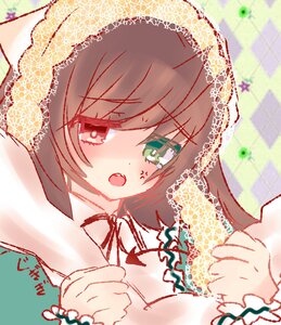 Rating: Safe Score: 0 Tags: 1girl brown_hair checkered_background eyebrows_visible_through_hair fang green_eyes heterochromia image long_sleeves open_mouth solo suiseiseki User: admin