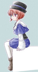 Rating: Safe Score: 0 Tags: 1girl blue_background blue_dress boots brown_hair capelet full_body hat heterochromia image long_sleeves looking_at_viewer pantyhose red_eyes short_hair sitting solo souseiseki white_legwear User: admin