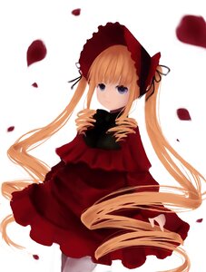 Rating: Safe Score: 0 Tags: 1girl blonde_hair blue_eyes bonnet bow cowboy_shot dress drill_hair image long_hair long_sleeves looking_at_viewer petals red_dress rose_petals shinku smile solo twin_drills twintails very_long_hair white_background User: admin