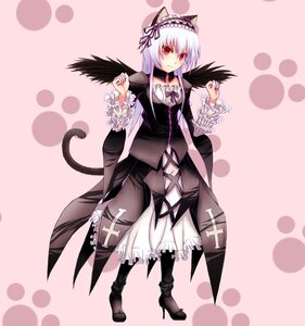 Rating: Safe Score: 0 Tags: 1girl animal_ears black_wings boots cat_ears cat_tail dress frills full_body hairband image long_hair long_sleeves looking_at_viewer polka_dot_background red_eyes silver_hair solo suigintou tail wings User: admin