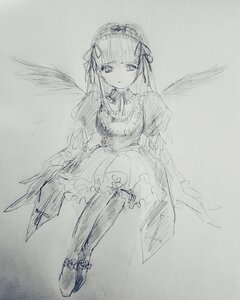 Rating: Safe Score: 0 Tags: 1girl bangs blunt_bangs closed_mouth dress feathered_wings frills full_body greyscale hairband image lolita_hairband long_hair long_sleeves looking_at_viewer monochrome ribbon solo standing suigintou traditional_media wings User: admin
