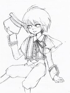 Rating: Safe Score: 0 Tags: capelet frills greyscale holding image jewelry monochrome pants ribbon short_hair sketch smile solo souseiseki User: admin