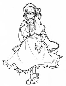 Rating: Safe Score: 0 Tags: 1girl auto_tagged bow capelet dress full_body greyscale image long_hair long_sleeves looking_at_viewer monochrome possible_duplicate shinku shoes solo standing User: admin
