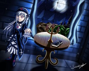 Rating: Safe Score: 0 Tags: 1girl black_dress dress frills full_moon gothic_lolita grin hairband image lolita_fashion long_hair long_sleeves moon night pink_eyes purple_eyes silver_hair smile solo star_(sky) starry_sky suigintou window wings User: admin