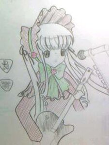 Rating: Safe Score: 0 Tags: 1girl bowtie dress frills image long_hair long_sleeves photo shinku simple_background sketch solo upper_body User: admin