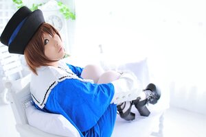 Rating: Safe Score: 0 Tags: 1girl blue_dress blue_eyes brown_hair capelet dress flower hat lips long_sleeves short_hair sitting solo souseiseki top_hat User: admin