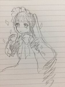 Rating: Safe Score: 0 Tags: 1girl bow dress long_hair long_sleeves looking_at_viewer monochrome petals sketch solo striped traditional_media twintails User: admin