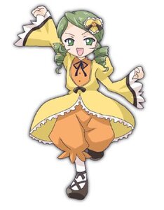 Rating: Safe Score: 0 Tags: 1girl :d dress drill_hair frills full_body green_eyes green_hair hair_ornament image kanaria long_hair long_sleeves open_mouth orange_dress simple_background smile solo standing twin_drills white_background wide_sleeves yellow_dress User: admin
