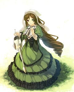 Rating: Safe Score: 0 Tags: 1girl brown_hair commentary_request dress drill_hair frills full_body grass green_dress green_eyes hairband head_scarf heterochromia image long_hair long_sleeves looking_at_viewer photoshop_(medium) rozen_maiden shiranagi_masa smile solo suiseiseki twin_drills very_long_hair watering_can User: admin