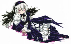 Rating: Safe Score: 3 Tags: 1girl black_wings boots detached_collar dress frilled_sleeves frills full_body hairband image long_hair long_sleeves looking_at_viewer pink_eyes silver_hair solo suigintou white_background wings User: admin