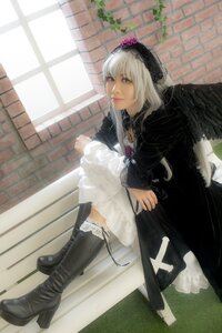 Rating: Safe Score: 0 Tags: 1girl black_dress boots dress flower frills gothic_lolita high_heel_boots high_heels lips lolita_fashion long_hair long_sleeves rose sitting solo suigintou window wings User: admin