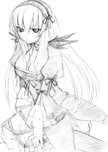 Rating: Safe Score: 0 Tags: 1girl breasts cleavage detached_collar dress frills greyscale hairband image long_hair long_sleeves looking_at_viewer monochrome ribbon rozen_maiden sketch solo standing suigintou takami_ryou traditional_media very_long_hair wings User: admin